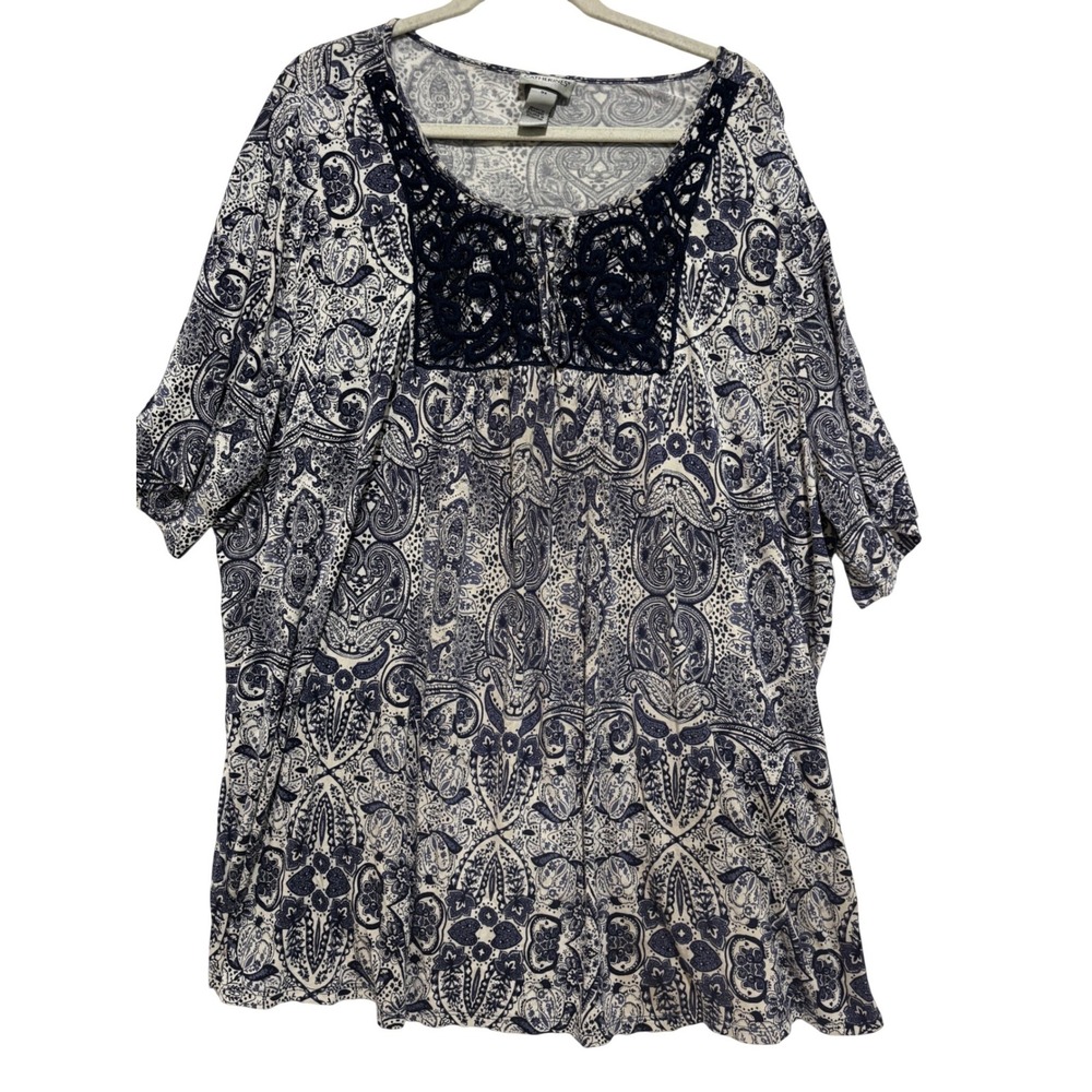 Catherines 3X Navy Paisley Crochet Short Sleeve Top Boho Coastal Cottagecore